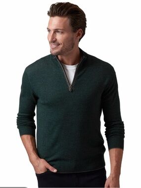 Raffi Extra Fine 100% Merino Wool Green Mock Neck Quarter Zip Palmer Sweater